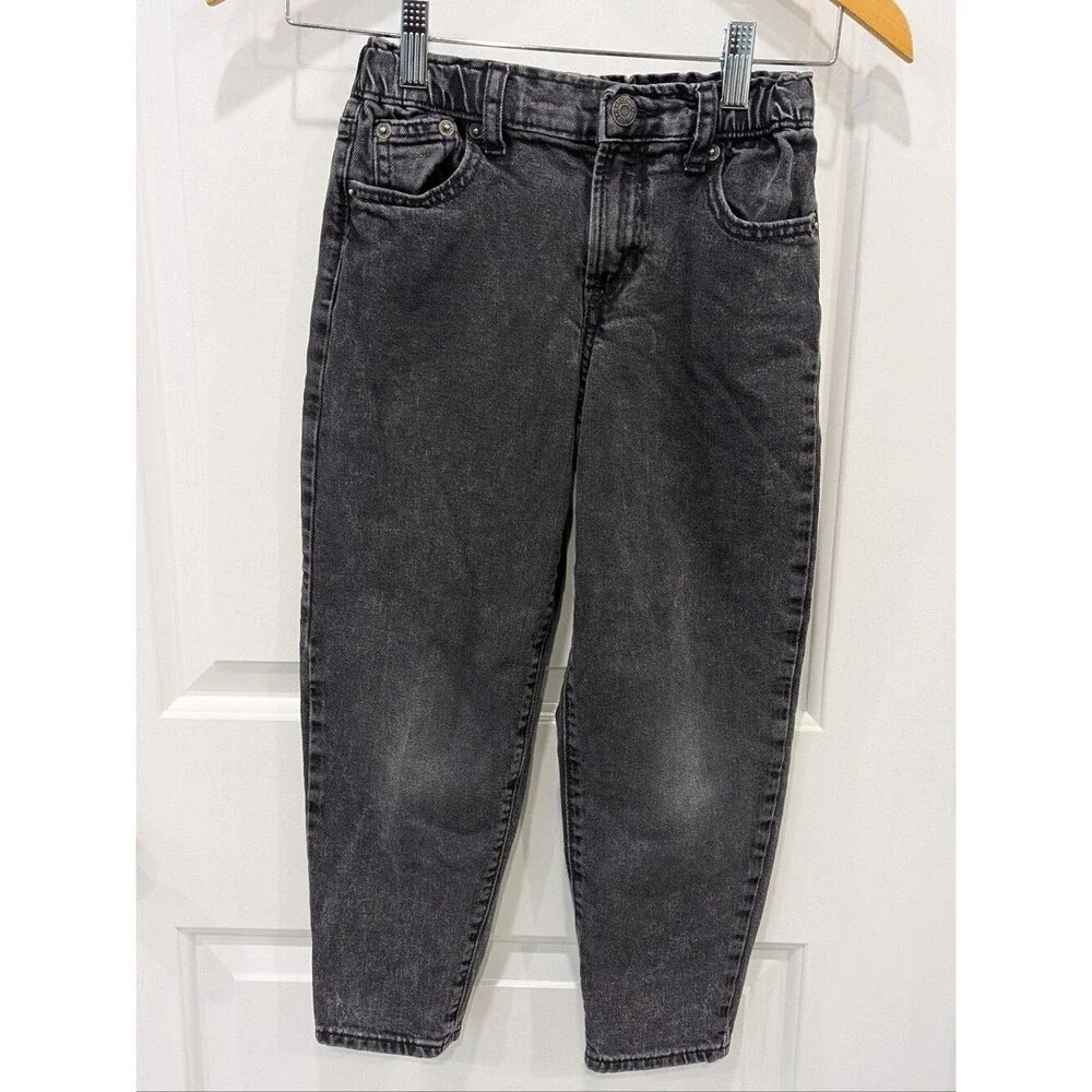 Gap Kids Black Gray Barrel Jeans Denim Paperbag Elastic Waist Girls Size 8